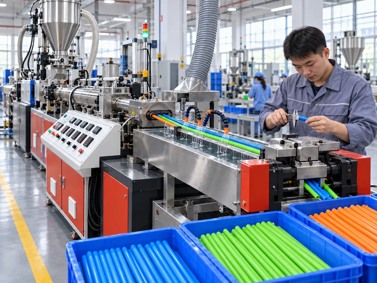 Chinese extrusion operator measuring plastic fort building rods during production